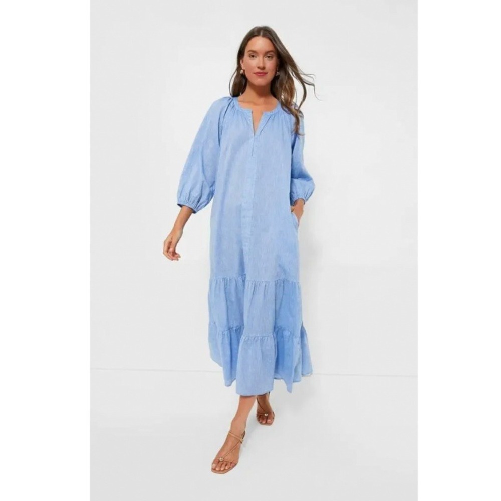 Tuckernuck Chambray Lyles Dress Blue Cotton Maxi Linen Size XL NWT - Picture 2 of 11